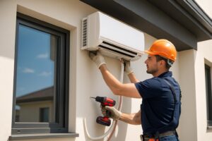 Instalador de aire acondicionado montando sistema split con herramientas profesionales — LATAM 2026