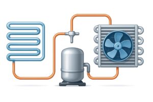 Diagrama del ciclo de refrigeración: evaporador, compresor, condensador y válvula de expansión