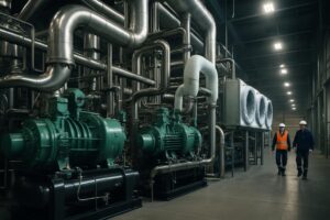 Sistema de refrigeración industrial con compresores y tuberías en planta de procesamiento